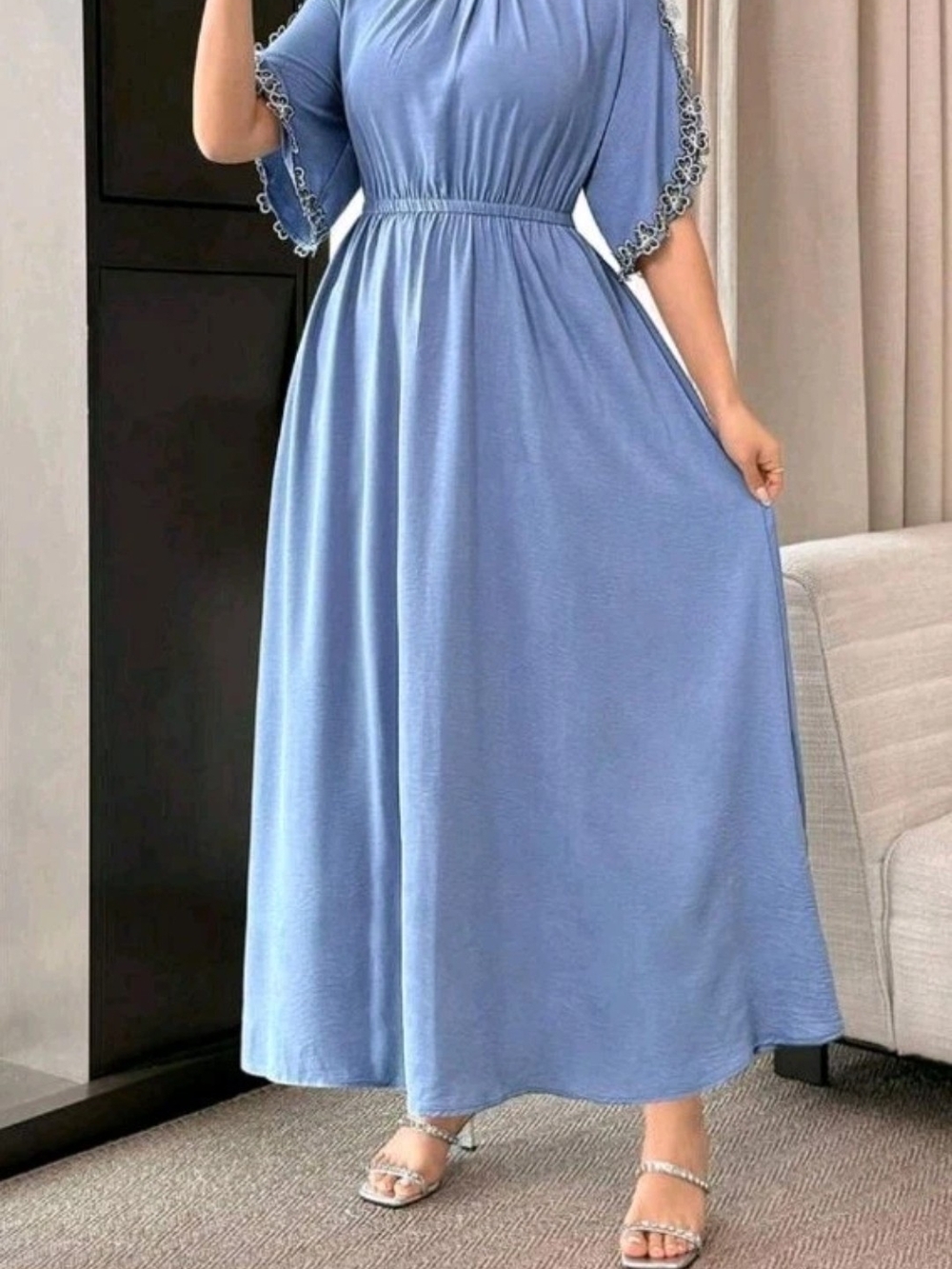Elegant Light Blue Maxi Dress with Lace Trim